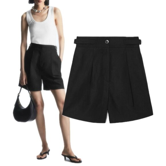 COS High-Rise Pleated Linen-Blend Utility Shorts With Adjustable Tabs (Black) - Picture 1 of 16